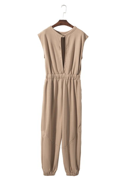 Light French Beige Cap Sleeve Open Back Drawstring Jogger Jumpsuit