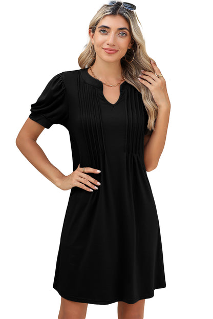 Desert Palm Notched Neck Pleated Puff Sleeve T Shirt Dress