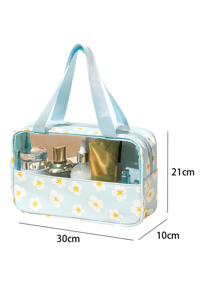 Mist Blue Floral Print Zipper Waterproof Clear Makeup Bag