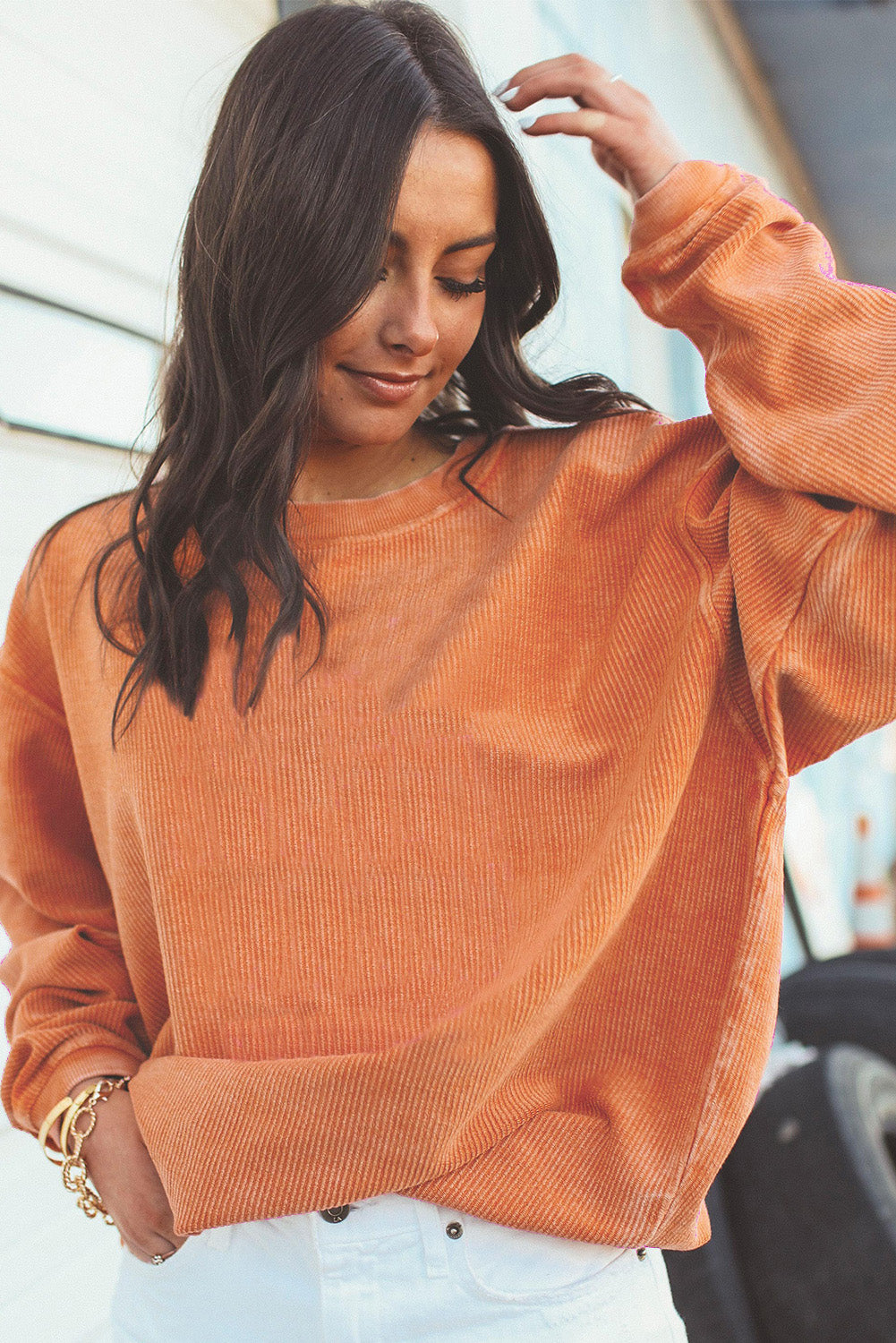 Orange Ribbed Corded Oversized Sweatshirt