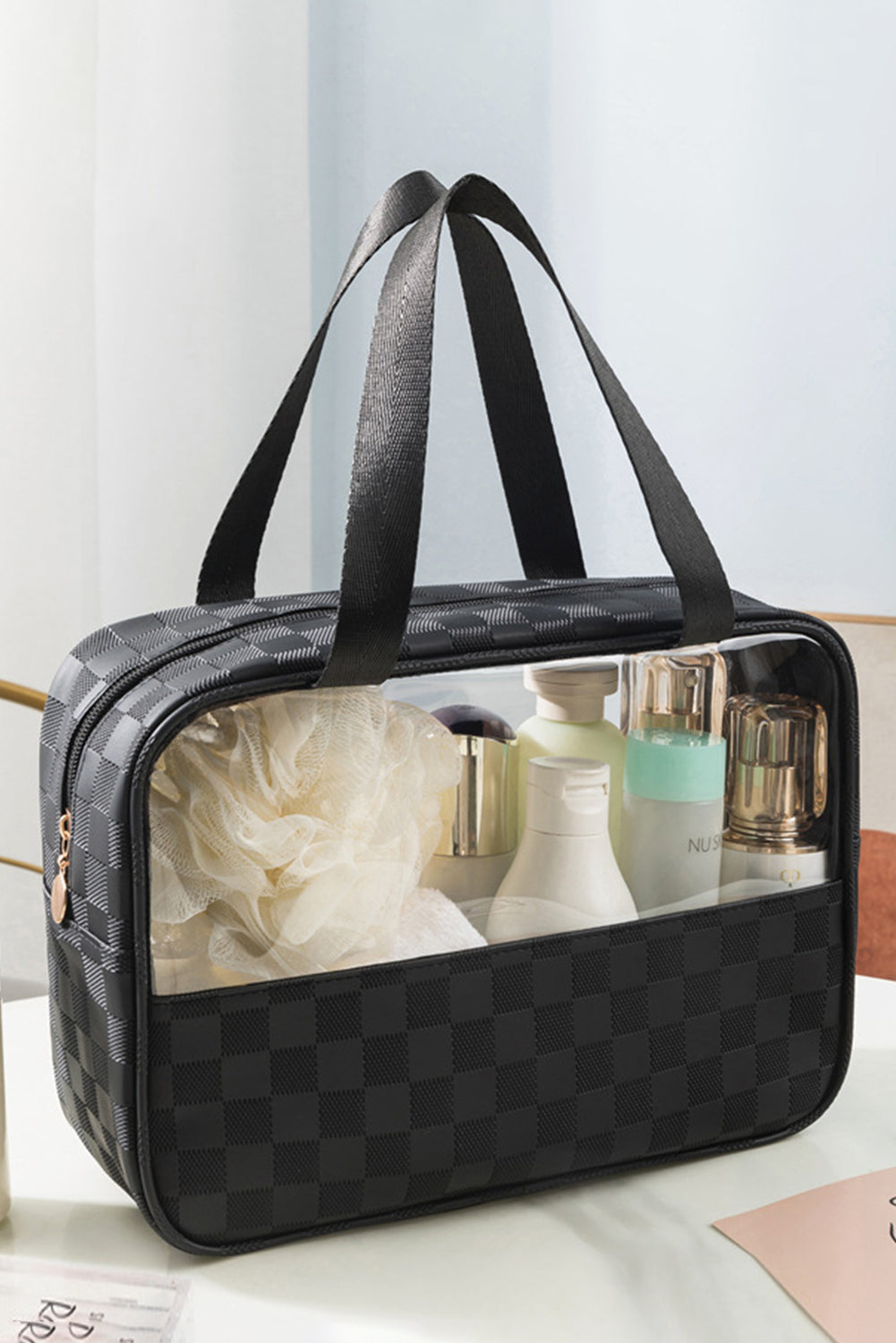 Black Checkered PVC Clear Cosmetic Bag