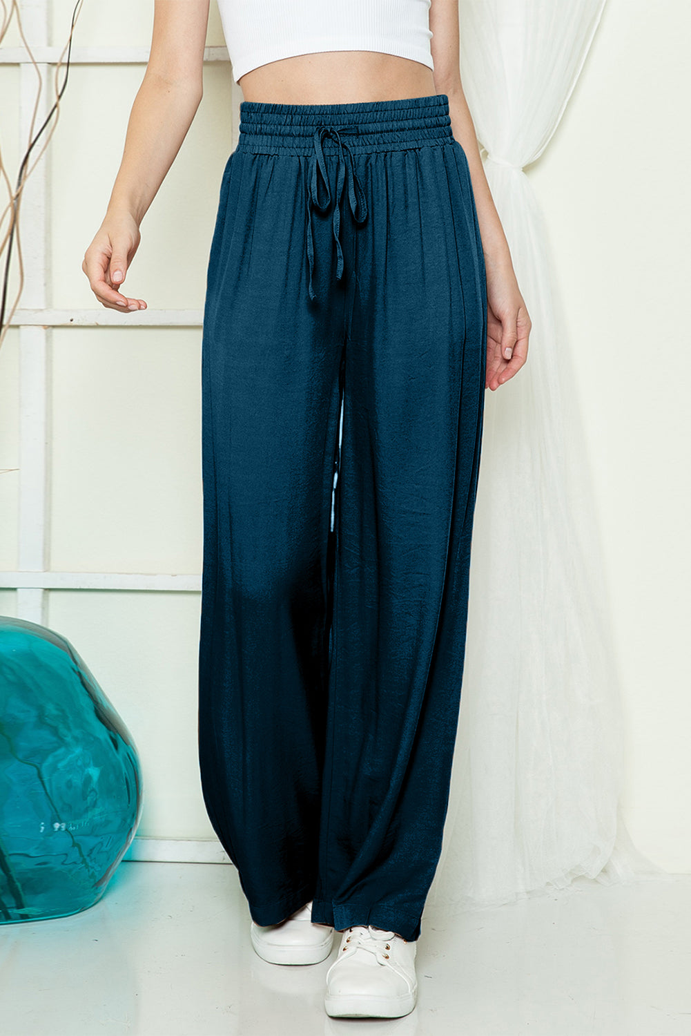 Blue Casual Drawstring Shirred Elastic Waist Wide Leg Pants