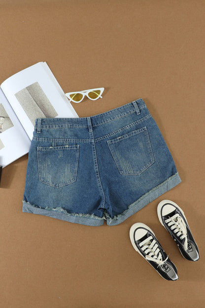 Dark Blue Casual Ripped Rolled Hem Denim Shorts