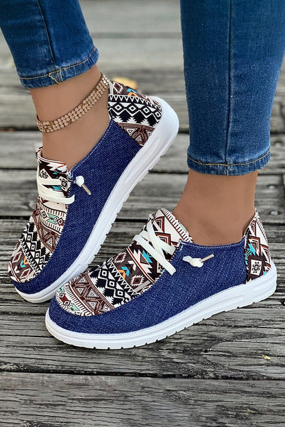 Ashleigh Blue Geometric Print Patchwork Lace Up Decor Sneakers