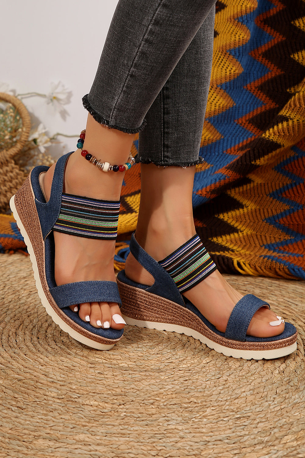 Dark Blue Elastic Striped Band Platform Wedge Sandals