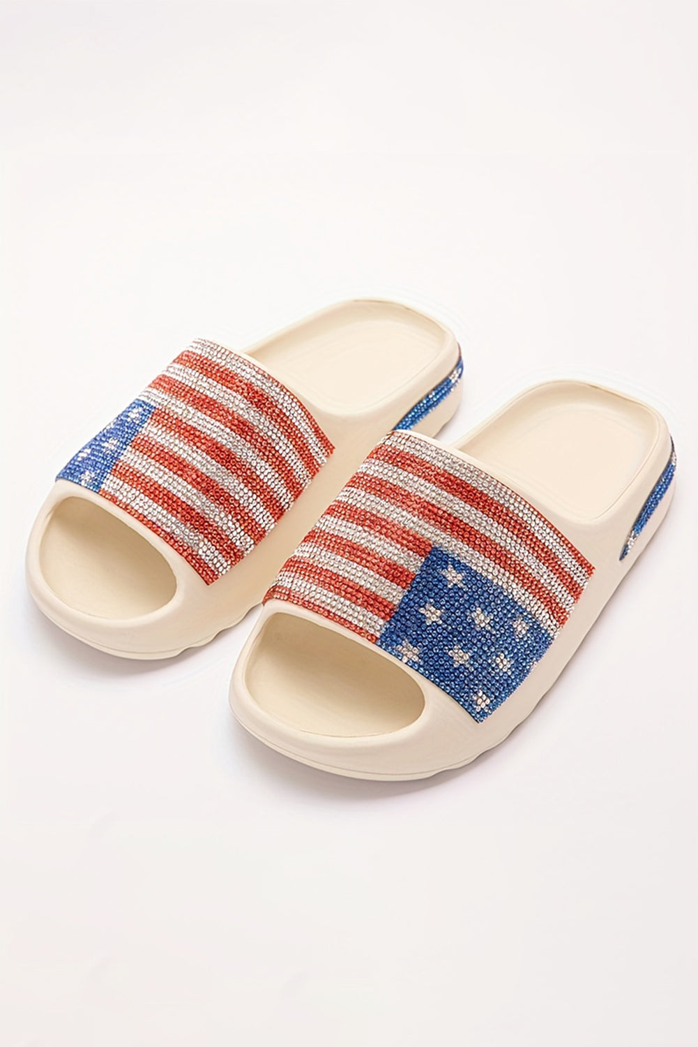 White Rhinestone American Flag Thick Sole Slippers