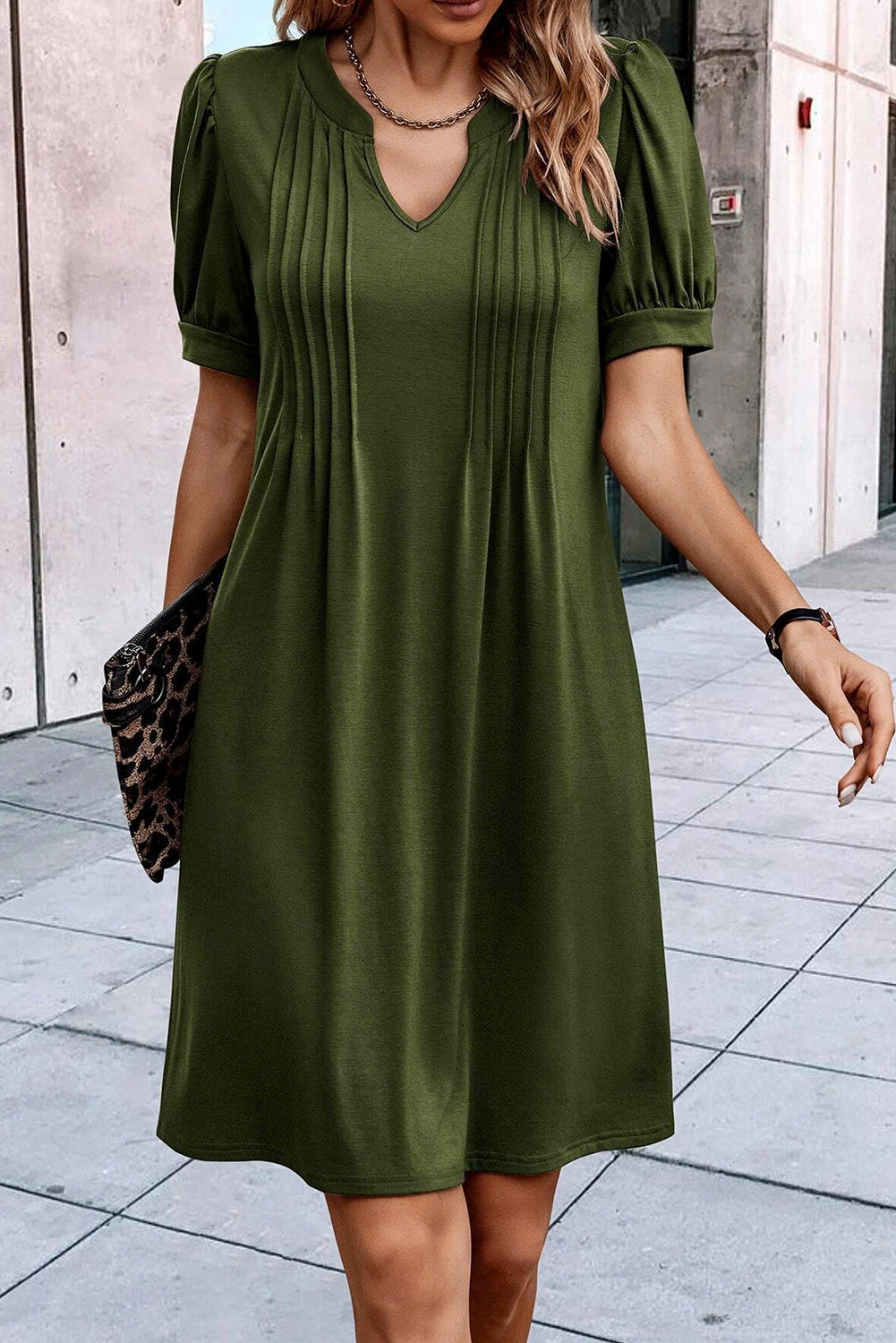 Desert Palm Notched Neck Pleated Puff Sleeve T Shirt Dress