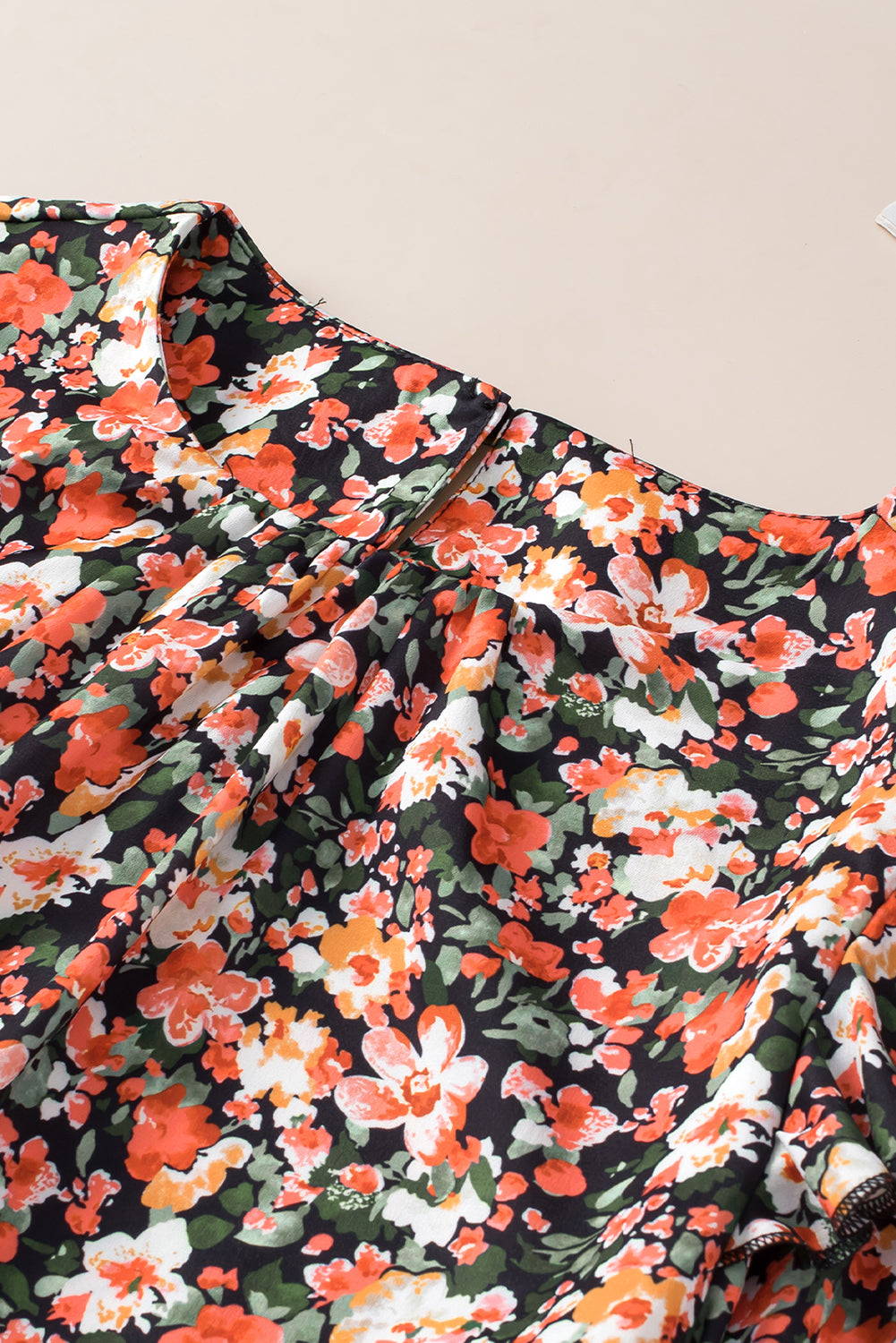 Orange Ruffle Trim Shirred Cuffs Floral Blouse