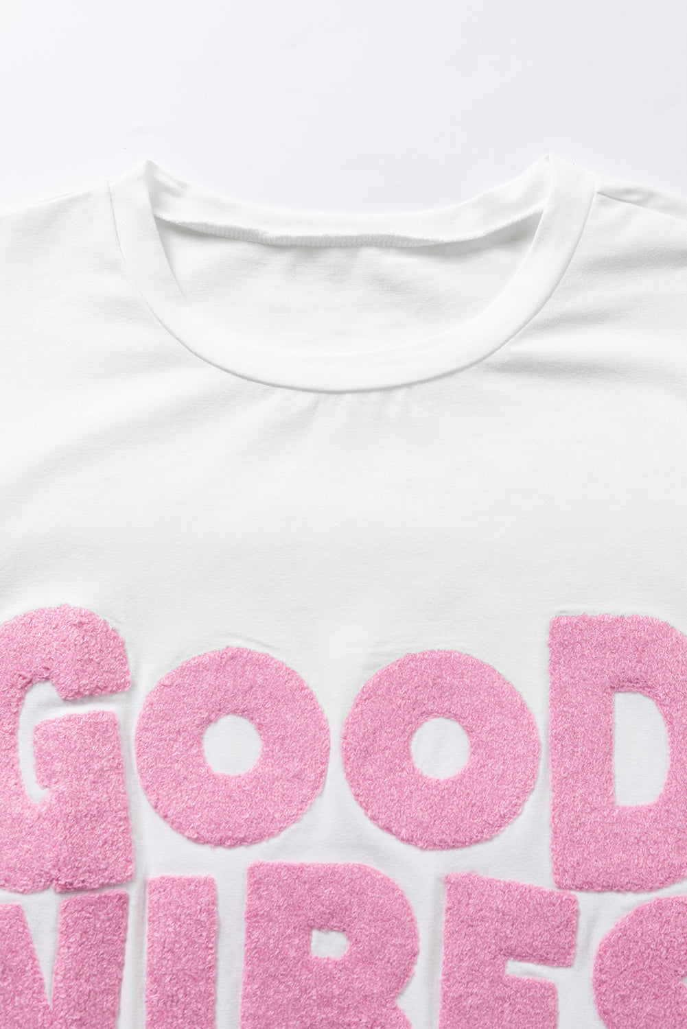 White GOOD VIBES Chenille Embroidered Crewneck T Shirt