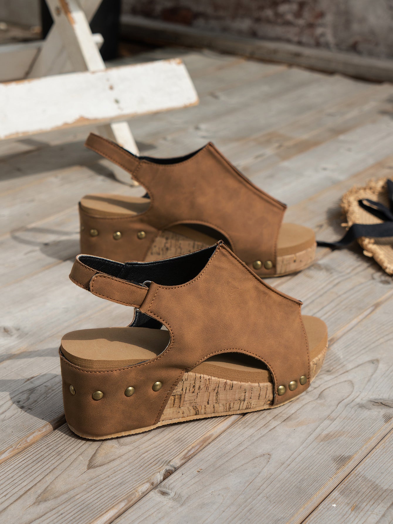 Brown Vintage Leather Stitching Studded Wedge Sandals