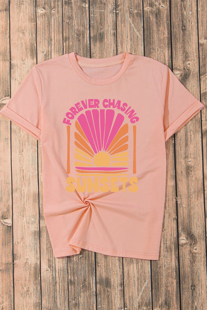 Pink FOREVER CHASING SUNSET Graphic Round Neck T Shirt