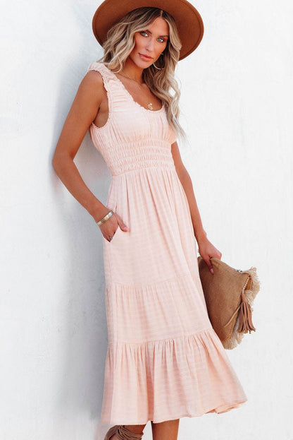 Apricot Smocked Ruched Sleeveless High Waist Midi Dress