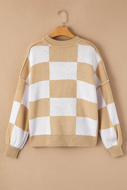 Khaki Checkered Bishop Sleeve Sweater