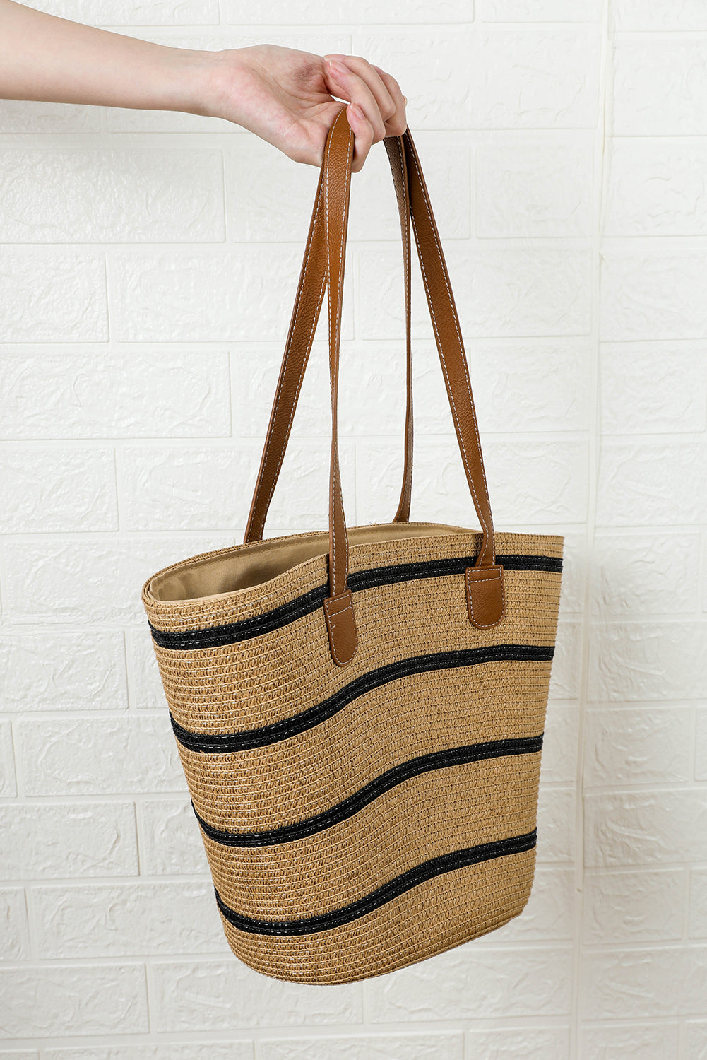 Black Vacation Straw Woven Striped One Shoulder Bag