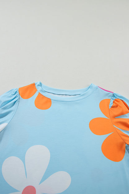 Sky Blue Flower Print Bubble Sleeve Tee