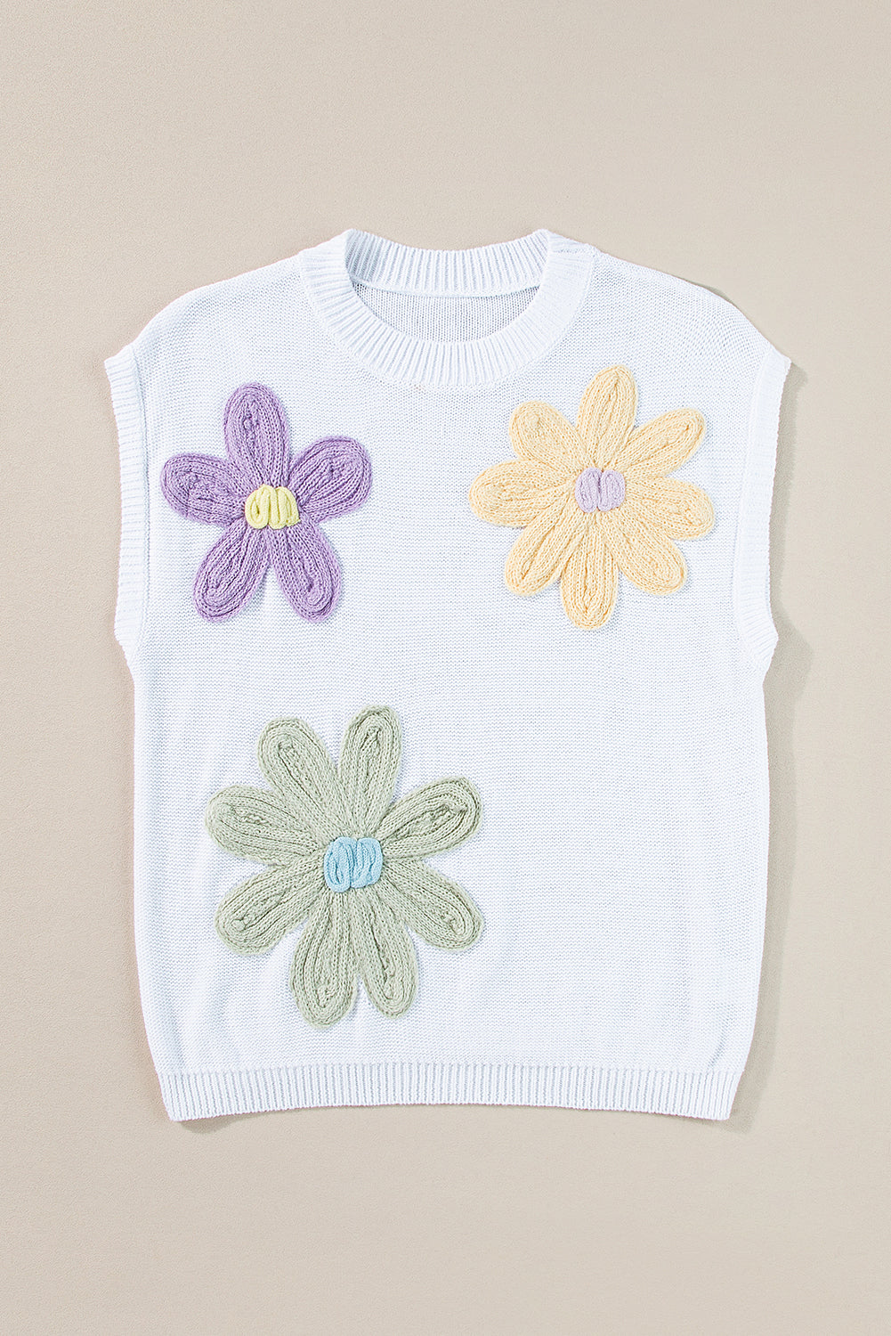 White Multi Crochet Flower Knit Short Sleeve Sweater Tops