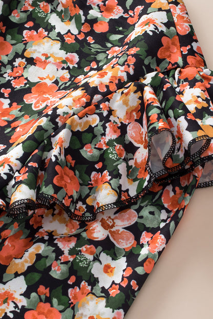 Orange Ruffle Trim Shirred Cuffs Floral Blouse