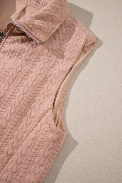 Pale Chestnut Cable Textured Zip Up Vest Jacket