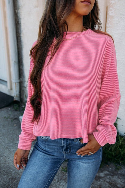 Bonbon Solid Color Corded Textured Long Sleeve Top