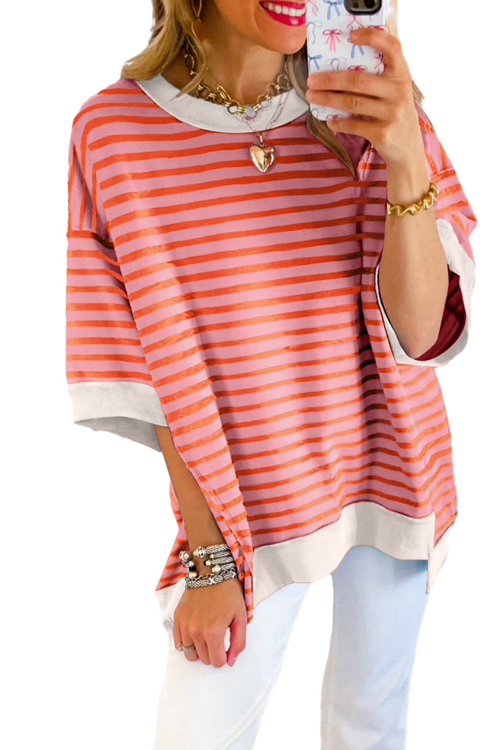 Pink Stripe Colorblock Drop Sleeve Loose Top