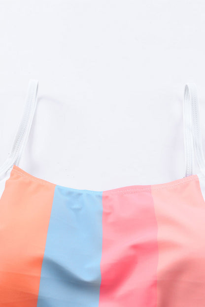 Orange Striped Colorblock High Waist Two Piece Swimsuit