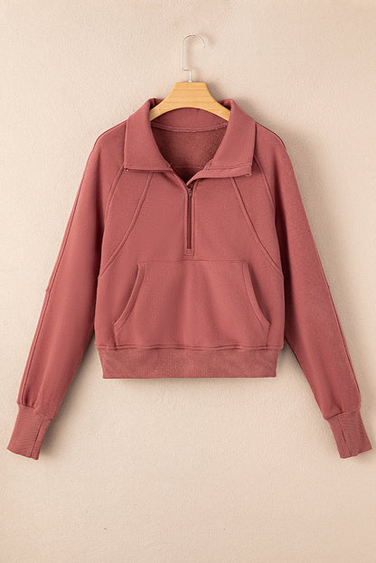 Brown Zip Up Stand Collar Ribbed Thumbhole Sleeve Sweatshirt