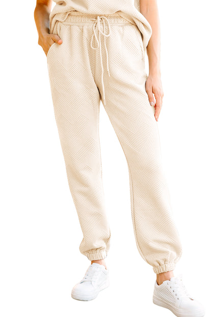 Beige Textured Drawstring Waist Straight Leg Joggers