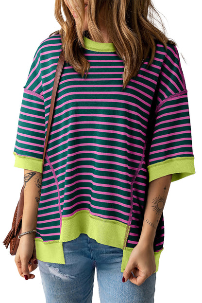 Pink Stripe Colorblock Drop Sleeve Loose Top