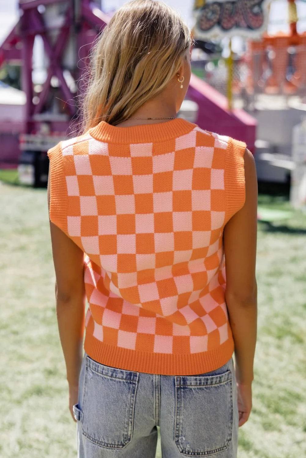 Russet Orange Checkered V Neck Knitted Sweater Vest