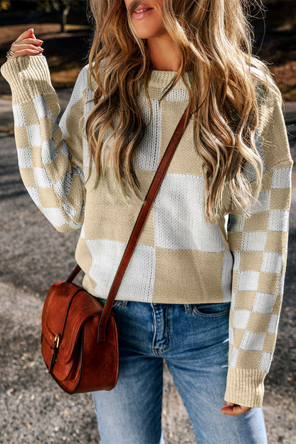 Flaxen Checkered Print Drop Shoulder Sweater