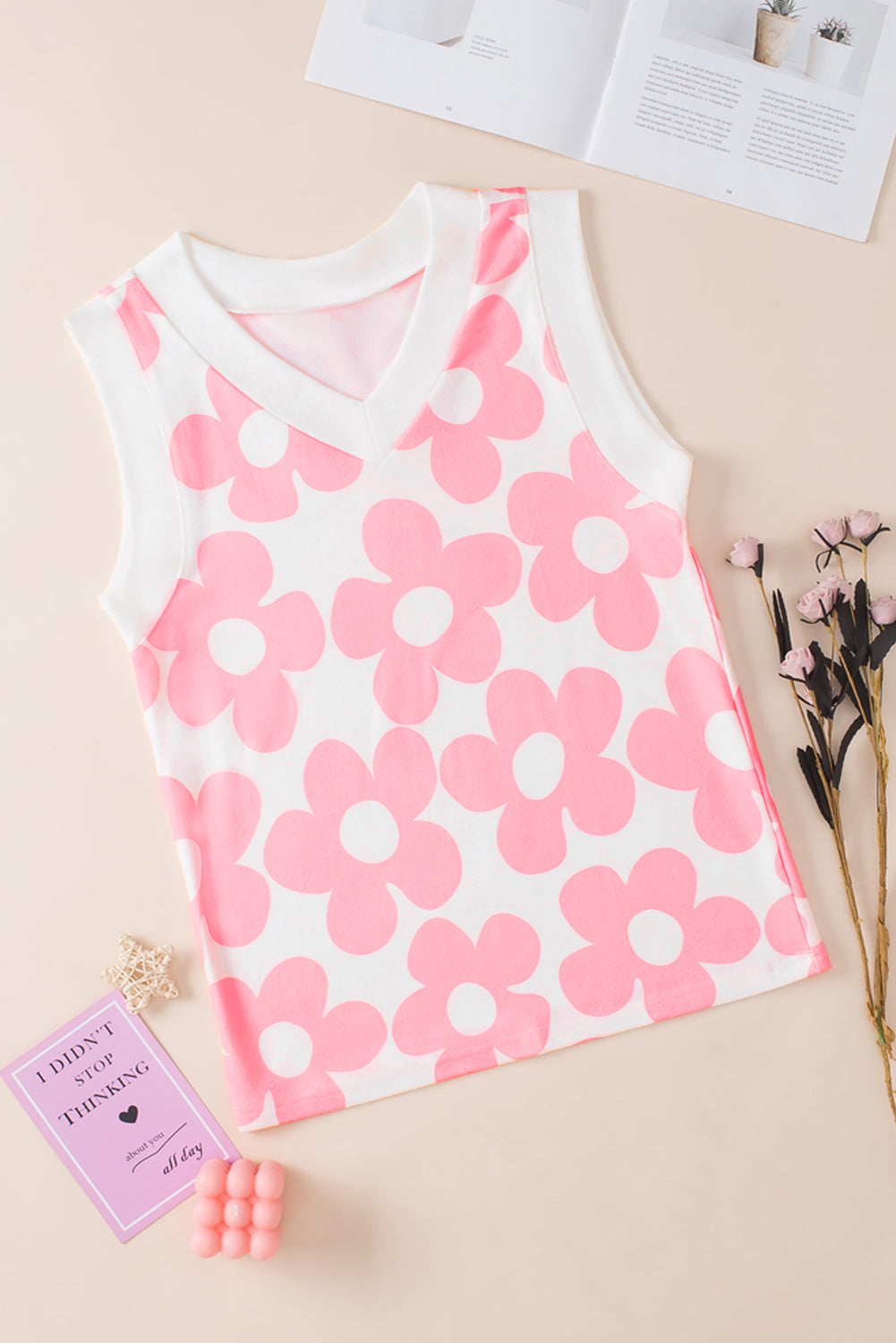 Pink Cute Flower Knitted V Neck Tank Top