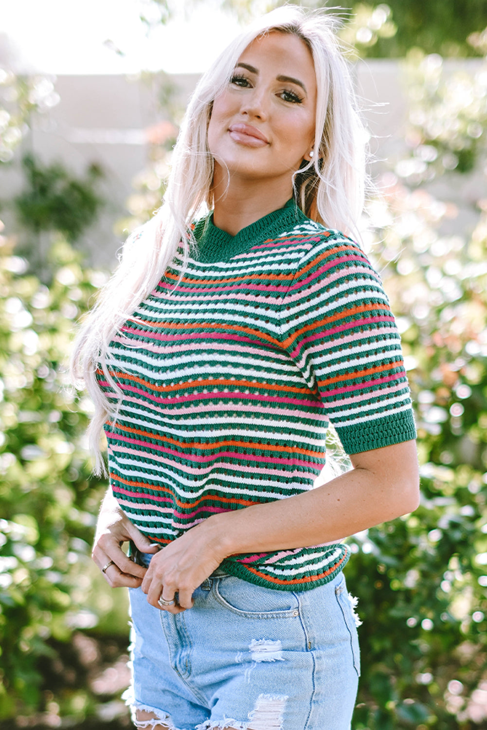 Dark Green Striped Pattern Contrast Trim Pointelle Knit T Shirt