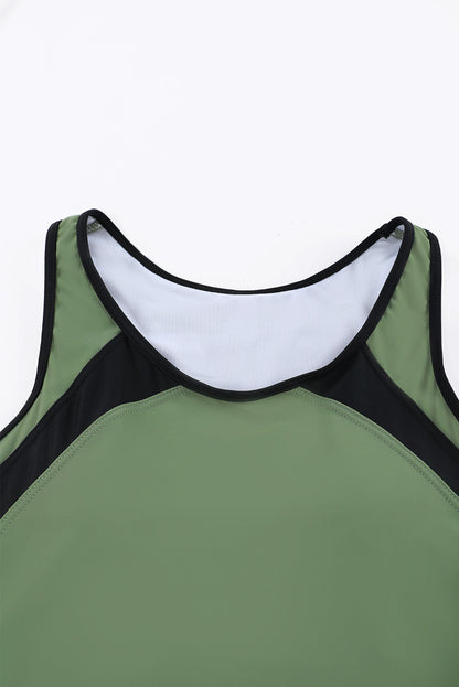 Green Patchwork Casual U Neck Tankini Swimsuit