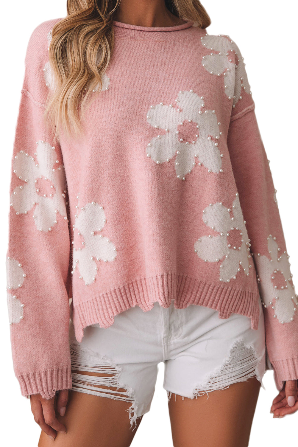 Multicolour Pearl Beaded Floral Drop Shoulder Sweater