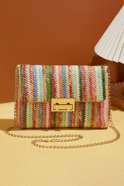 Strawberry Pink Striped Crochet Flapped Single Shoulder Bag