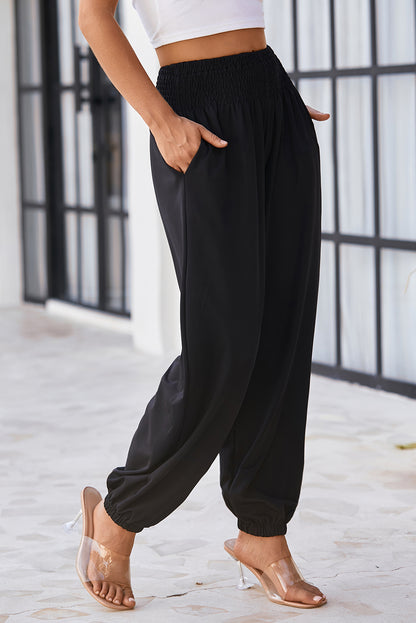 Black Pocketed Smocked High Waist Joggers