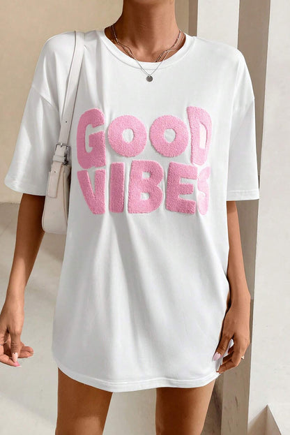 White GOOD VIBES Chenille Embroidered Crewneck T Shirt