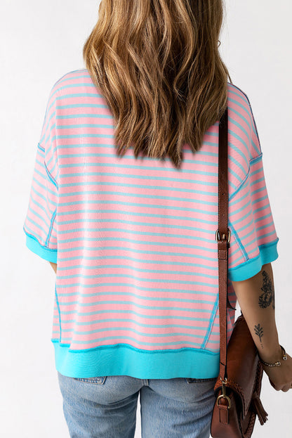 Pink Stripe Colorblock Drop Sleeve Loose Top