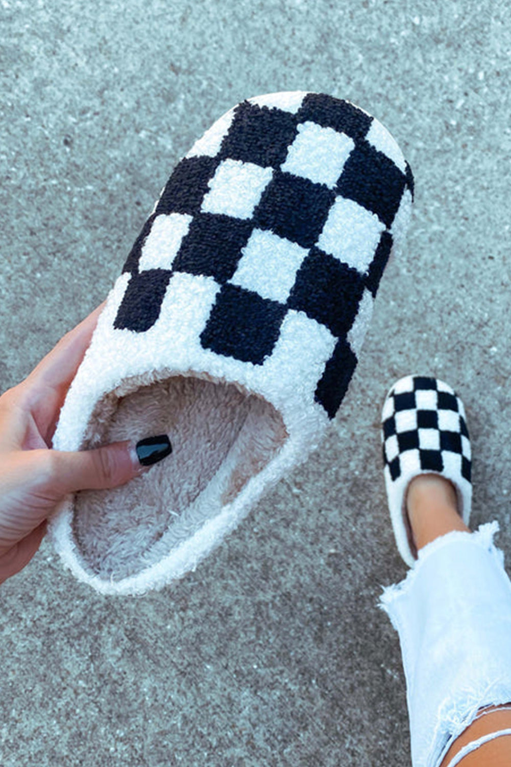 Fiery Red Checkered Print Fuzzy Slip On Winter Slippers