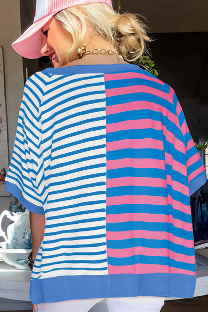 Pink Striped Colorblock Oversized T Shirt