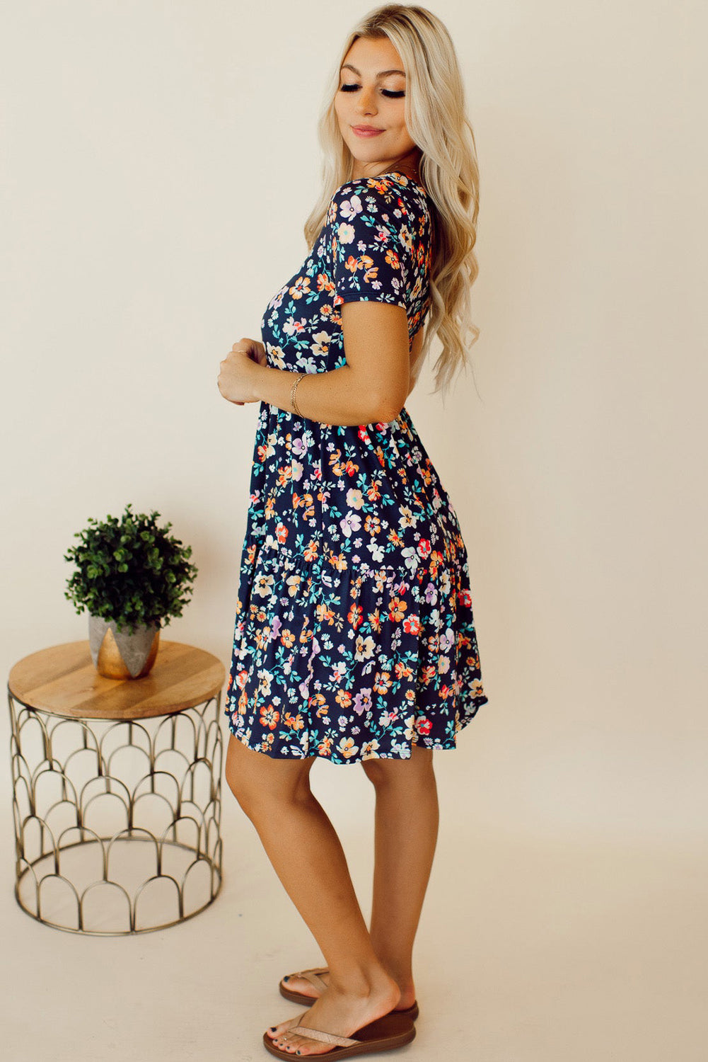 Blue Short Sleeve A-line Floral Dress