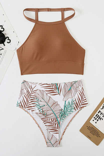 Red Tropical Print Back Split Color Block High Waisted Swimsuit