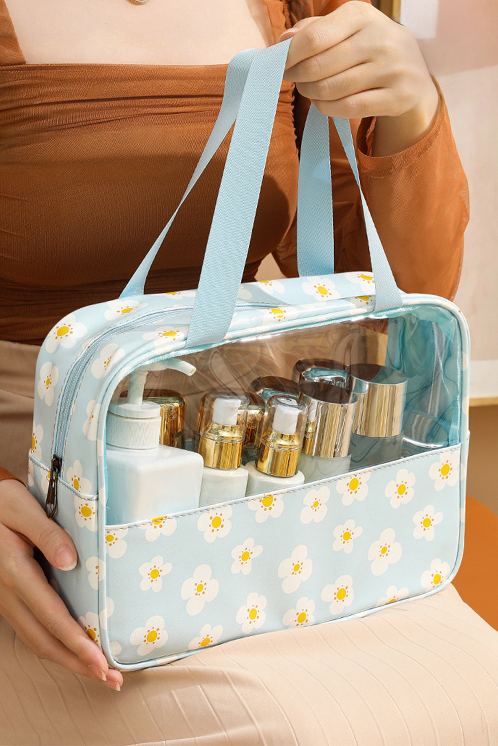 Mist Blue Floral Print Zipper Waterproof Clear Makeup Bag