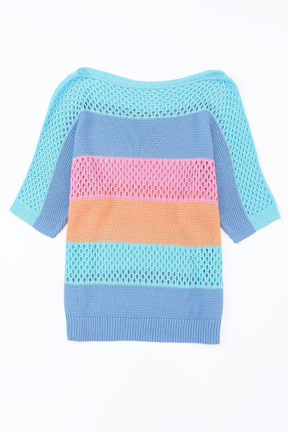 Sky Blue Knitted Eyelet Colorblock Striped Half Sleeves Top