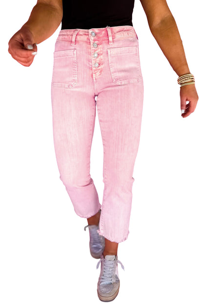 Apricot Pink Multi Buttons Raw Edge Crop Jeans