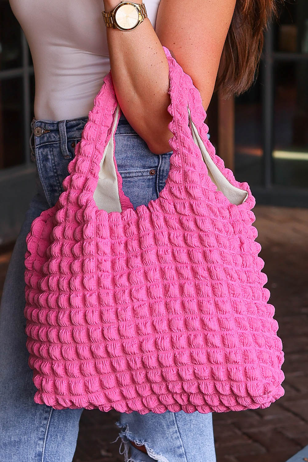 Green Textured Pleated Bubble Shoulder Bag