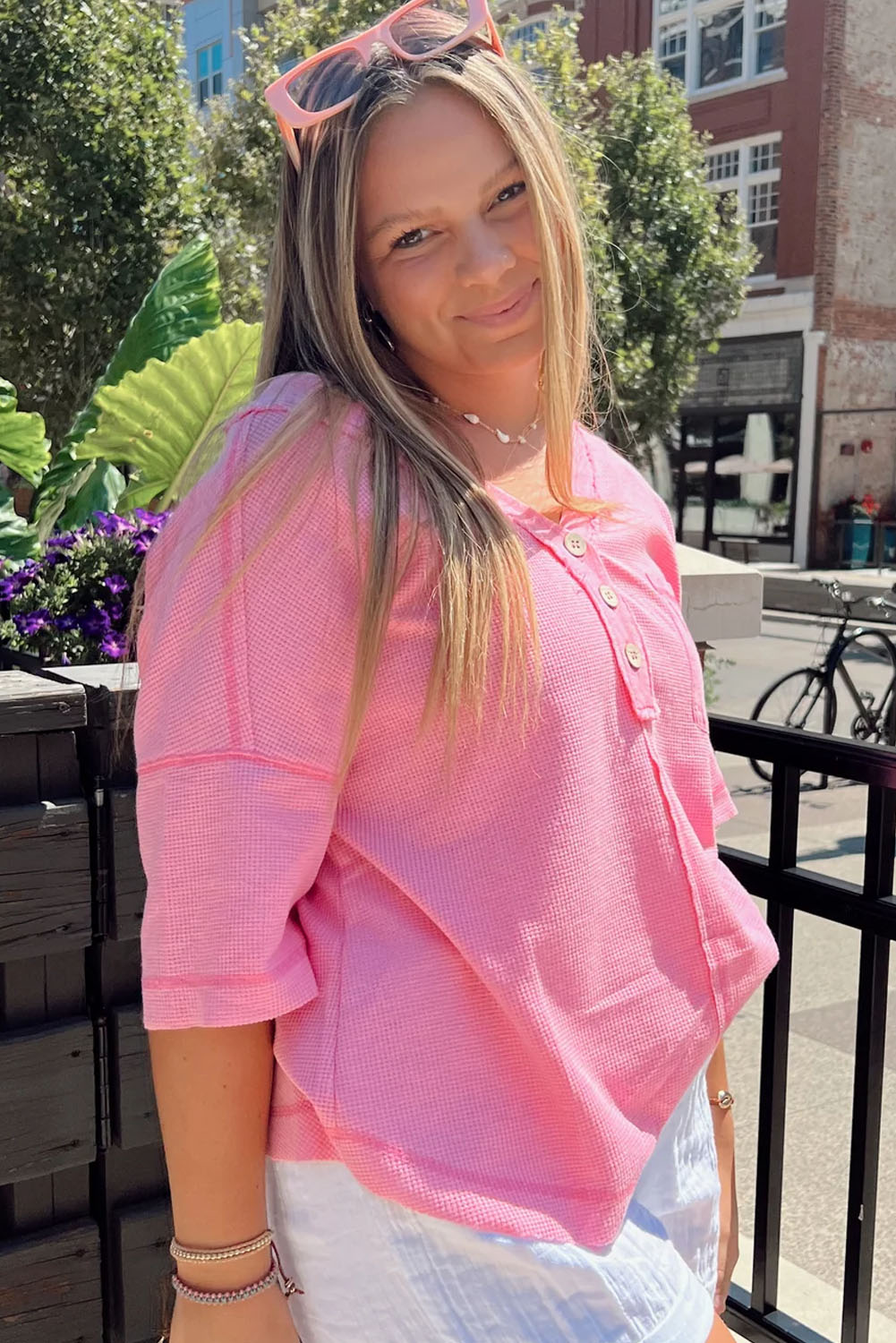 Pink Plus Size Waffle Knit Exposed Seam V Neck Henley T-shirt