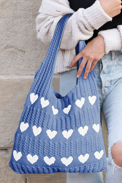 Blue Heart Pattern Knit Shoulder Bag