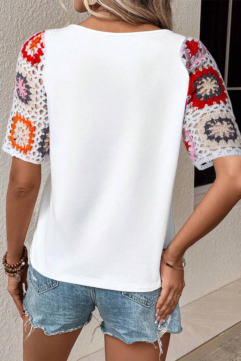 White Floral Hollowed Crochet Sleeve Boho Blouse