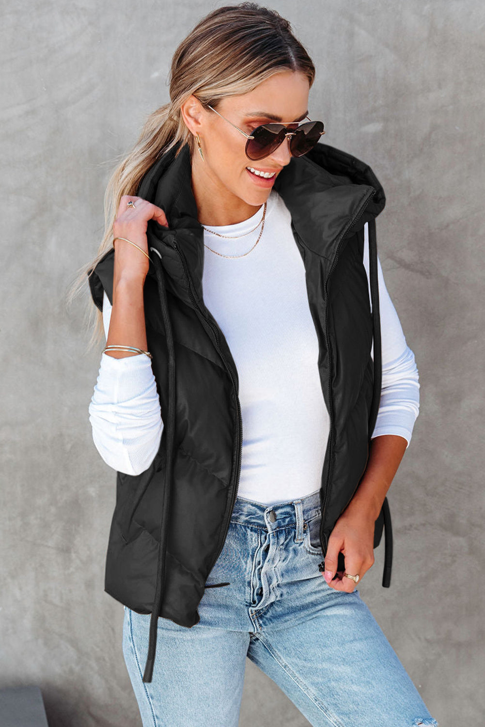 Black Sleek Quilted Puffer Hooded Vest Coat